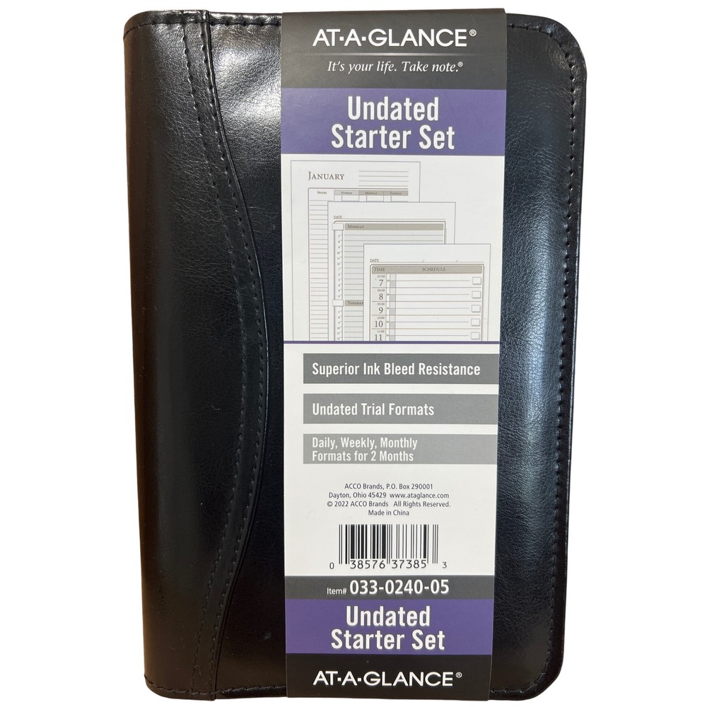 AT-A-GLANCE Undated Starter Set Black Zippered Planner 7 Ring 033-0240-05